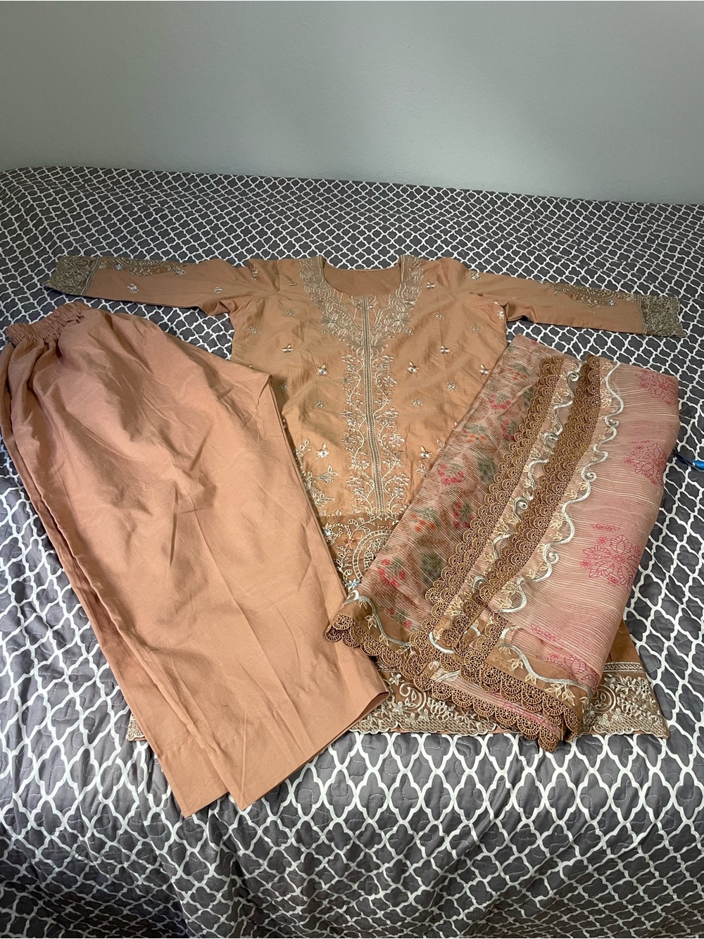 Embroidered Peach Women's Dress Set with Dupatta